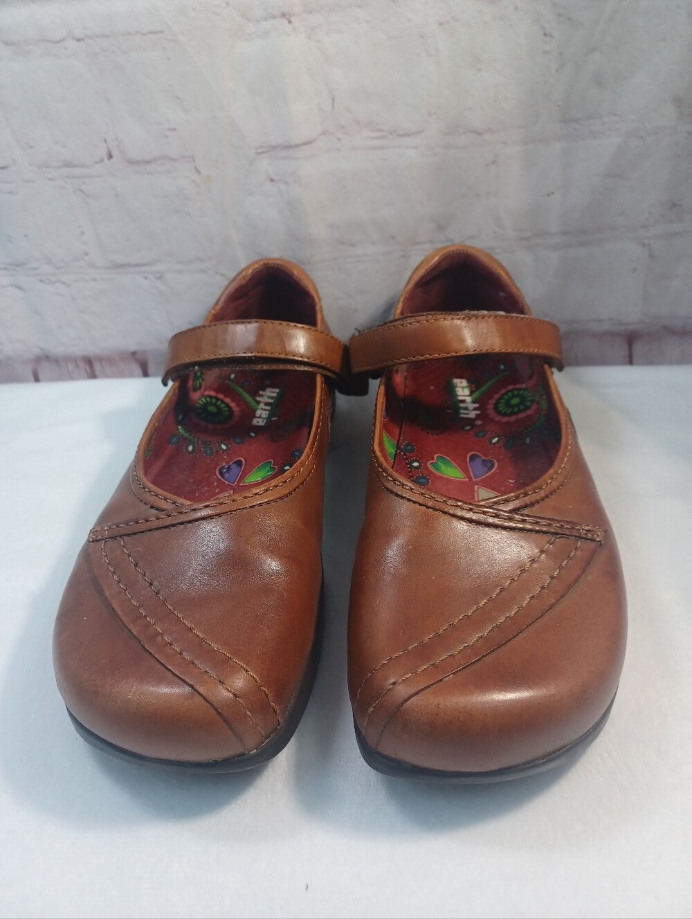 earth leather mary jane brown colorful printed footbed retro comfort shoes Sz 8 - Picture 3 of 15